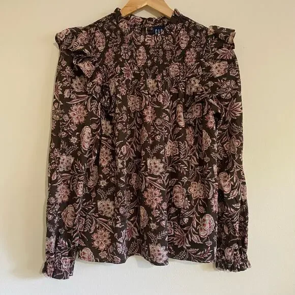Gap Floral Smocked Ruffle Boho Top, Brown, Size XS - Picture 4 of 12